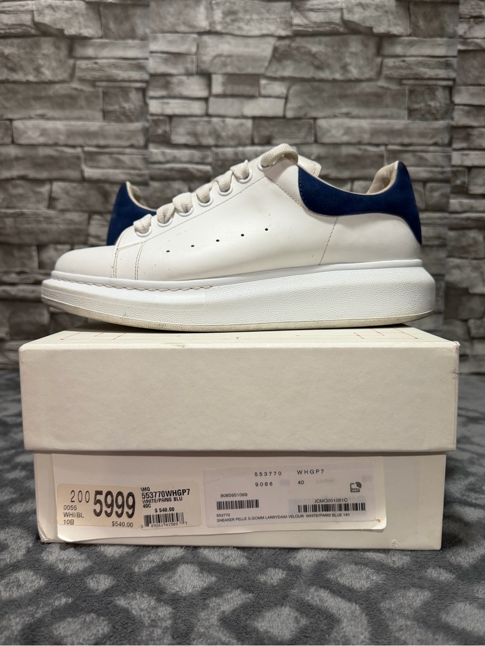 Alexander McQueen White Leather Sneakers with Blue Heel Patch - Picture 6 of 9